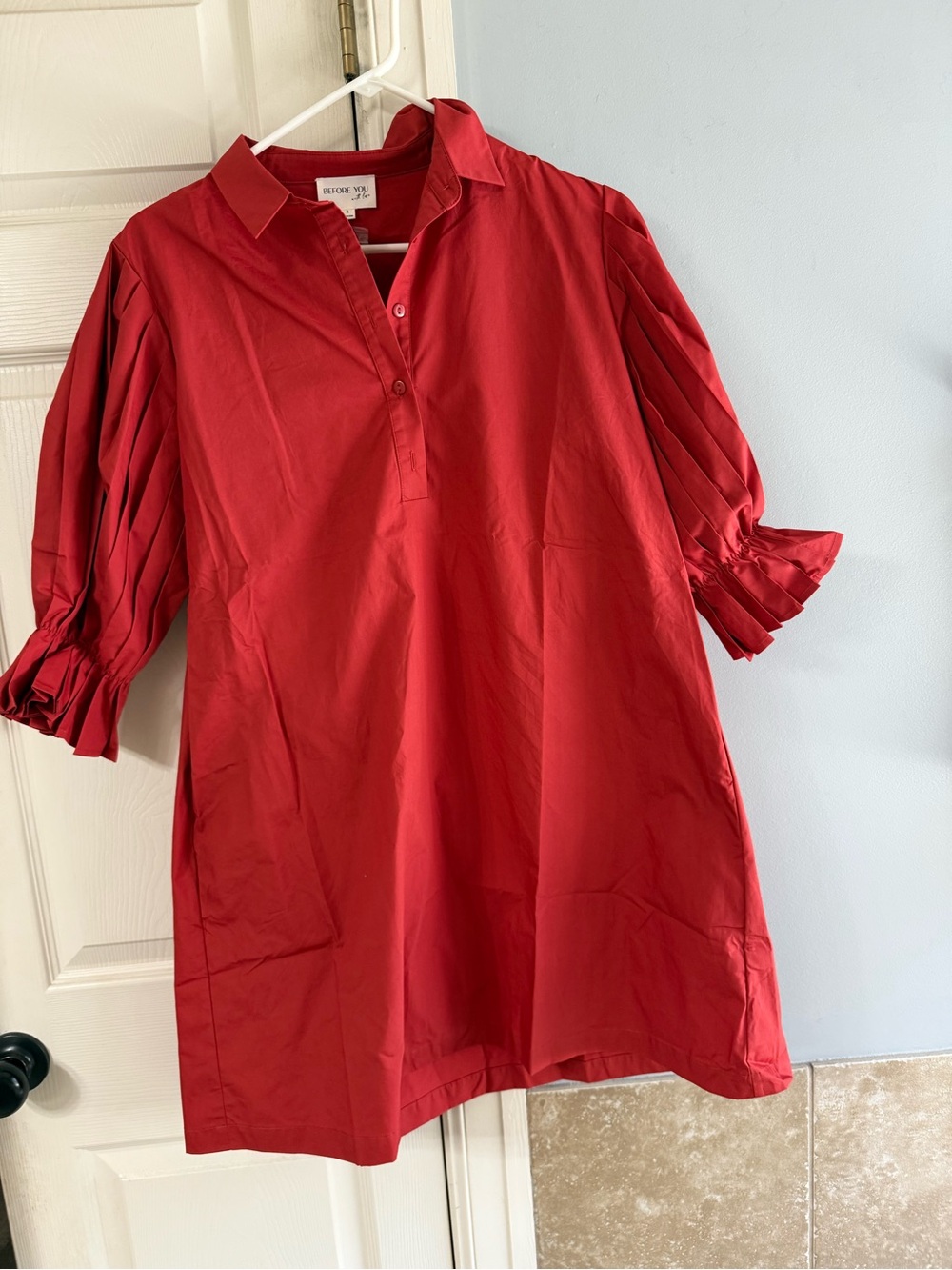 Bold Red Pleated-Sleeve Shirt Dress by BEFORE YOU